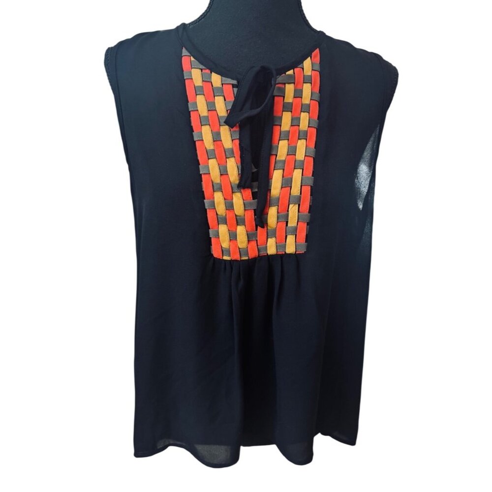 Anthropology Mauve Women XL Black Sleeveless Boho Indie Blouse Woven Hi Low Top